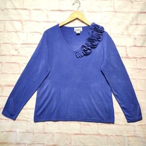 VTG Ambra Sweater Womens XL Purple Blue‎ V Neck Rosette Shoulder Floral Applique